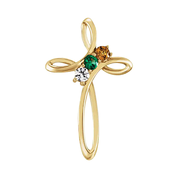 14K Yellow Gold Custom Made Mothers Cross Slide Pendant, 1 to 6 Gemstones