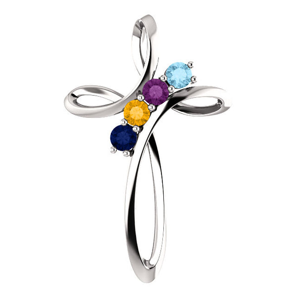 14K White Gold Custom Made Mothers Cross Slide Pendant, 1 to 6 Gemstones