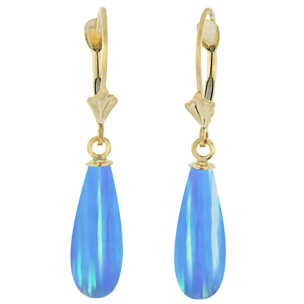 Sky: Azure Blue Created Australian Opal Teardrop 14K Yellow Gold Leverback Earrings