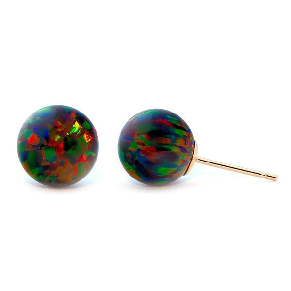 Aurora: 10mm Black Australian Opal Ball Stud Earrings 14k Yellow