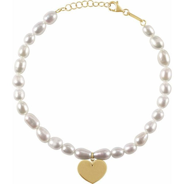 14K Yellow Gold Engravable Cultured White Freshwater Pearl & Heart Bracelet