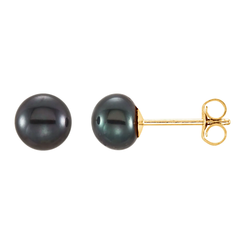 14K Yellow Gold Cultured Black Freshwater Pearl Stud Earrings