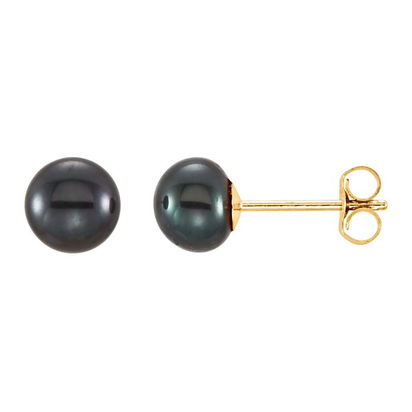 14K Yellow Gold Cultured Black Freshwater Pearl Stud Earrings