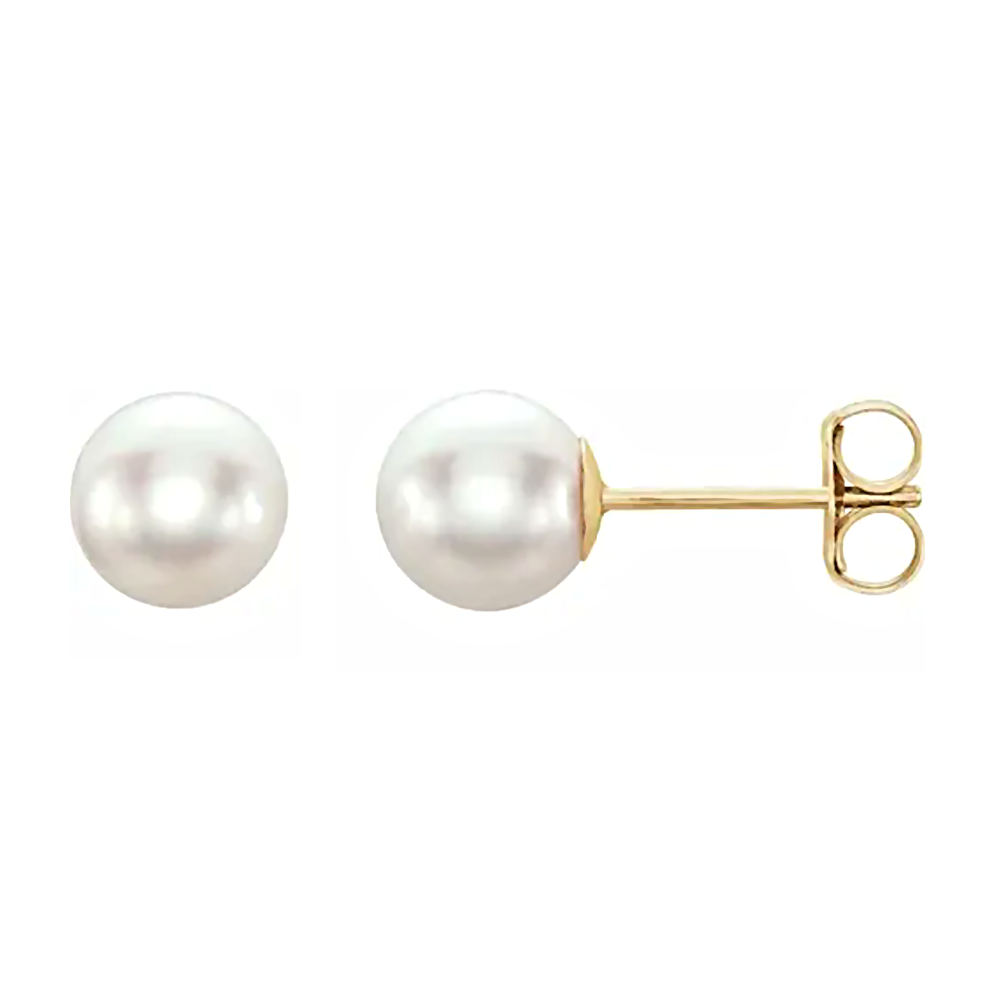 14K Yellow Gold Cultured White Akoya Pearl Stud Earrings