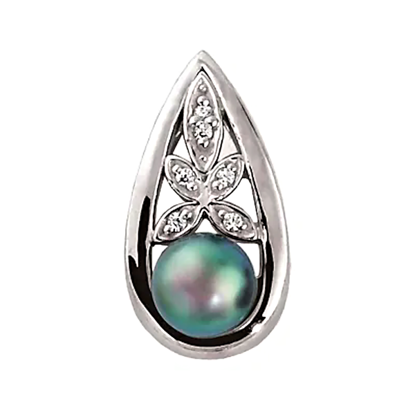 14K White Gold Cultured Black Akoya Pearl & .06 CTW Natural Diamond Pendant