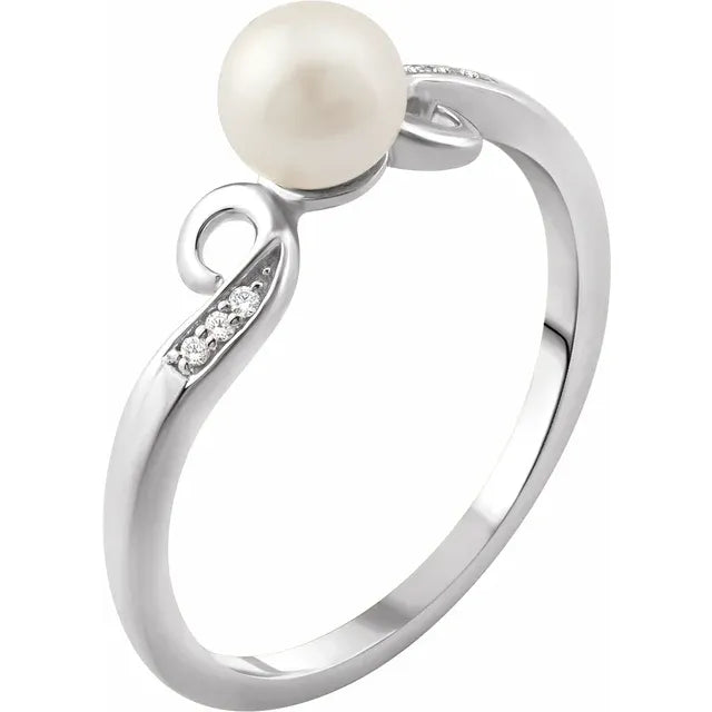 14K White Gold Cultured White Freshwater Pearl & .02 CTW Natural Diamond Ring