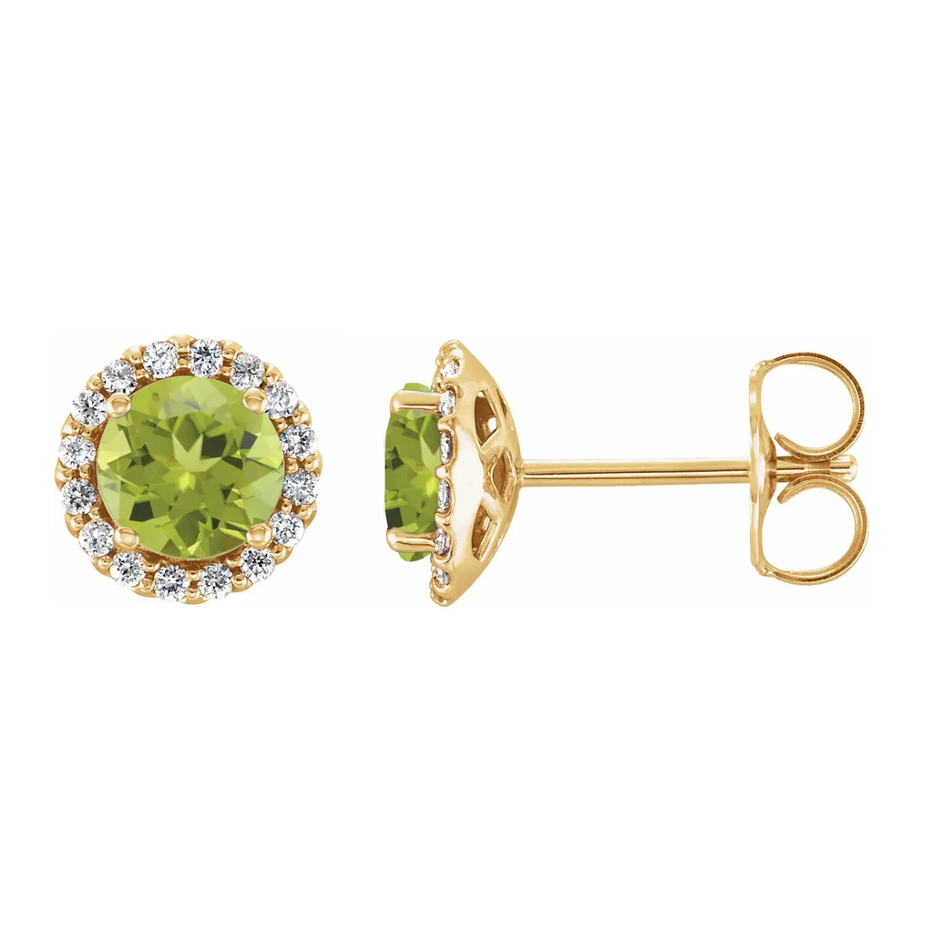 14K Yellow Gold Natural Green Peridot and Natural Diamond Halo Earrings