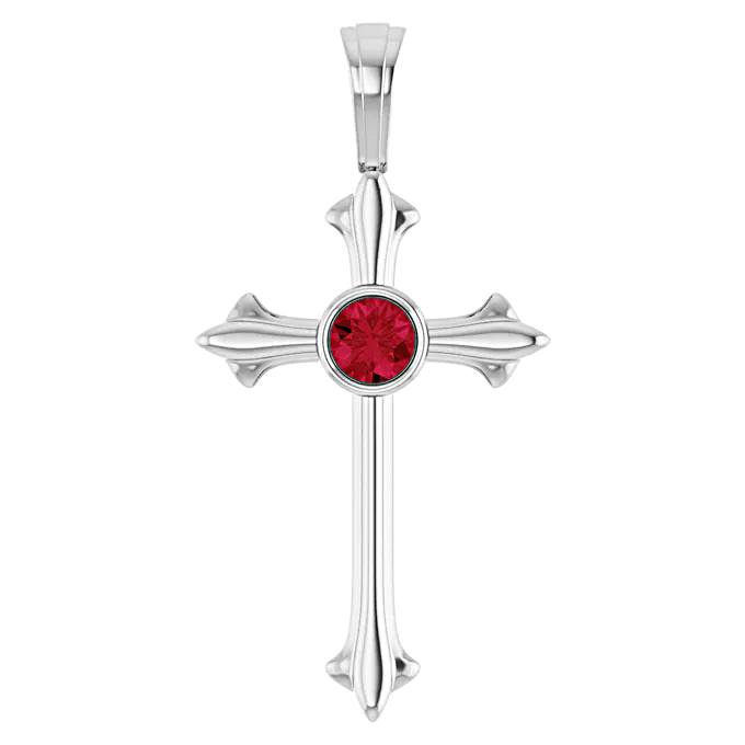 925 Sterling Silver 3mm Simulated Ruby Cross Pendant July Birthstone