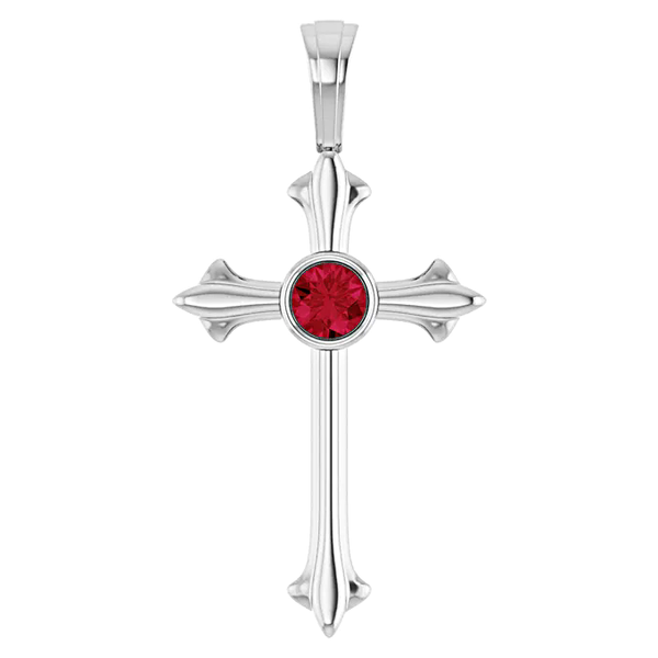 925 Sterling Silver 3mm Simulated Ruby Cross Pendant July Birthstone