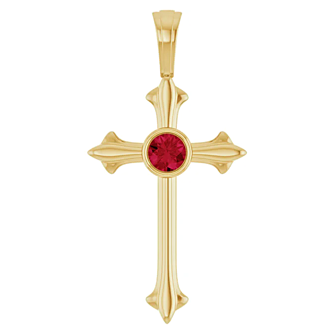14K Yellow Gold 3mm Natural Ruby Cross Pendant July Birthstone