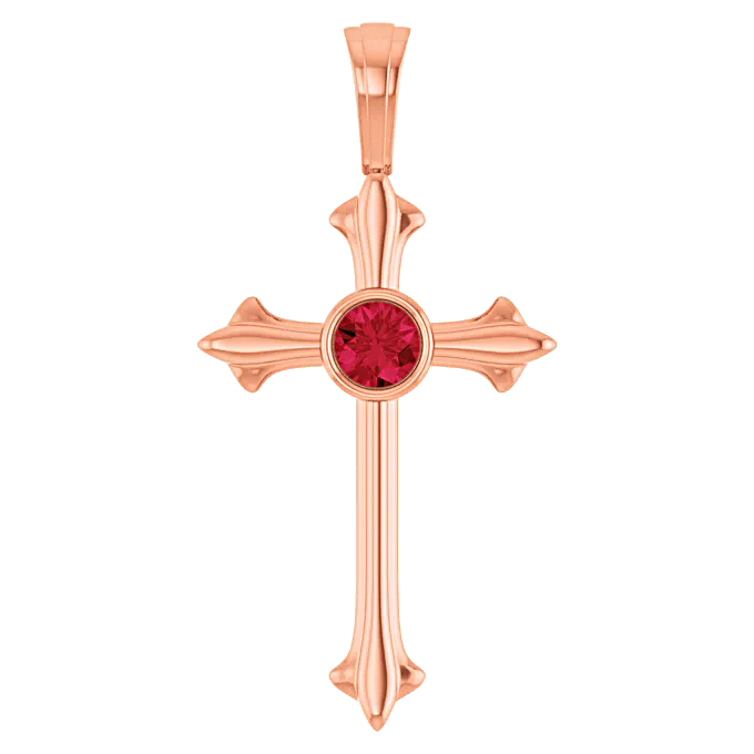 14K Rose Gold 3mm Synthetic Ruby Cross Pendant July Birthstone