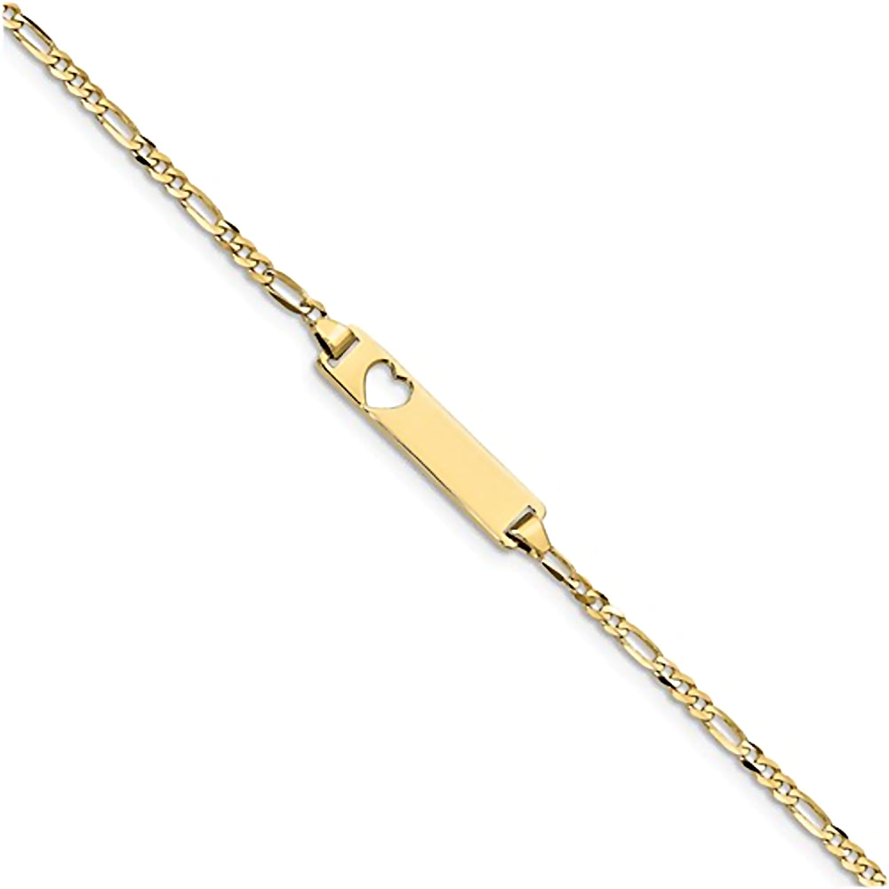 10K Yellow Gold Engravable Heart Cutout ID Bracelet with 1.9mm Figaro Chain