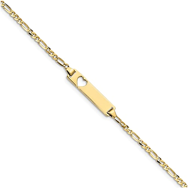 10K Yellow Gold Engravable Heart Cutout ID Bracelet with 1.9mm Figaro Chain