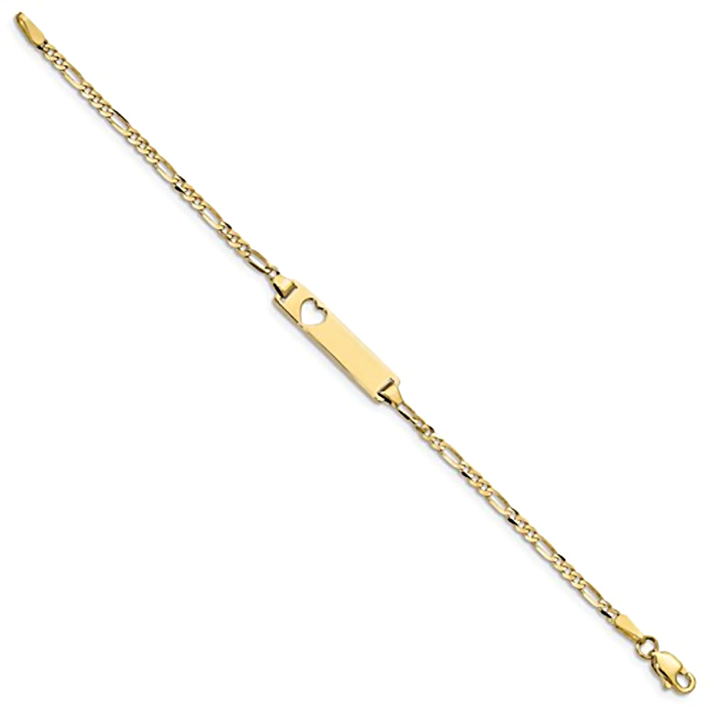 10K Yellow Gold Engravable Heart Cutout ID Bracelet with 1.9mm Figaro Chain