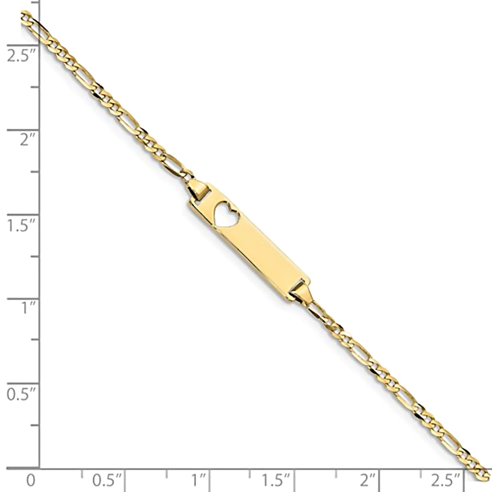 10K Yellow Gold Engravable Heart Cutout ID Bracelet with 1.9mm Figaro Chain