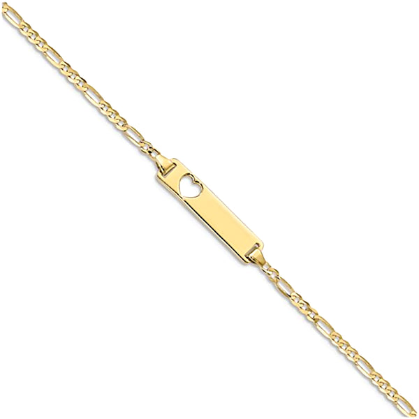 10K Yellow Gold Engravable Heart Cutout ID Bracelet with 2.2mm Figaro Chain