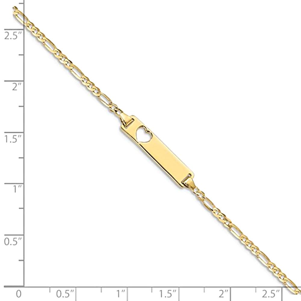 10K Yellow Gold Engravable Heart Cutout ID Bracelet with 2.2mm Figaro Chain