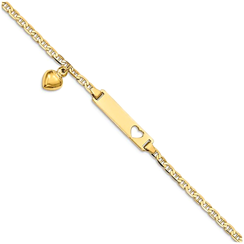 14K Yellow Gold Engravable Heart Cutout and Charm ID Bracelet with Anchor Chain