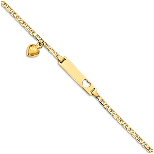14K Yellow Gold Engravable Heart Cutout and Charm ID Bracelet with Anchor Chain