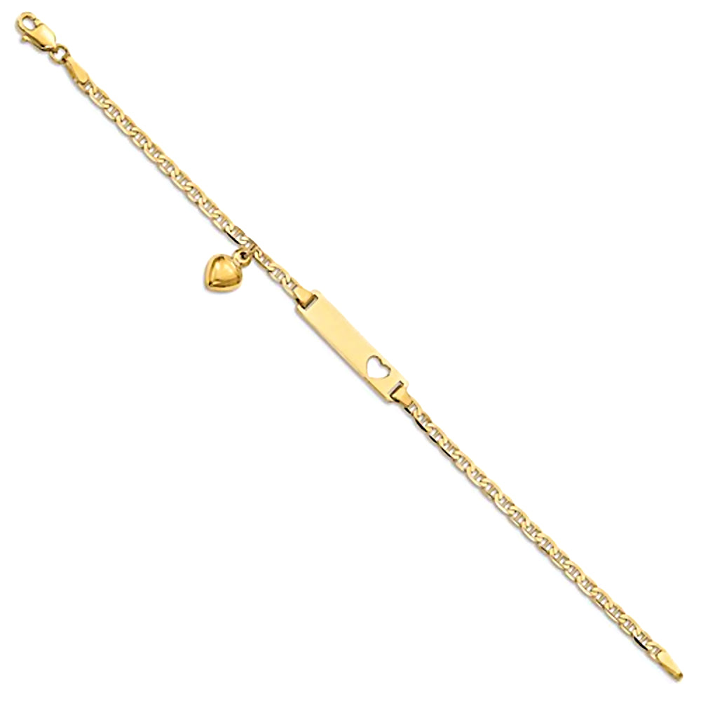 14K Yellow Gold Engravable Heart Cutout and Charm ID Bracelet with Anchor Chain