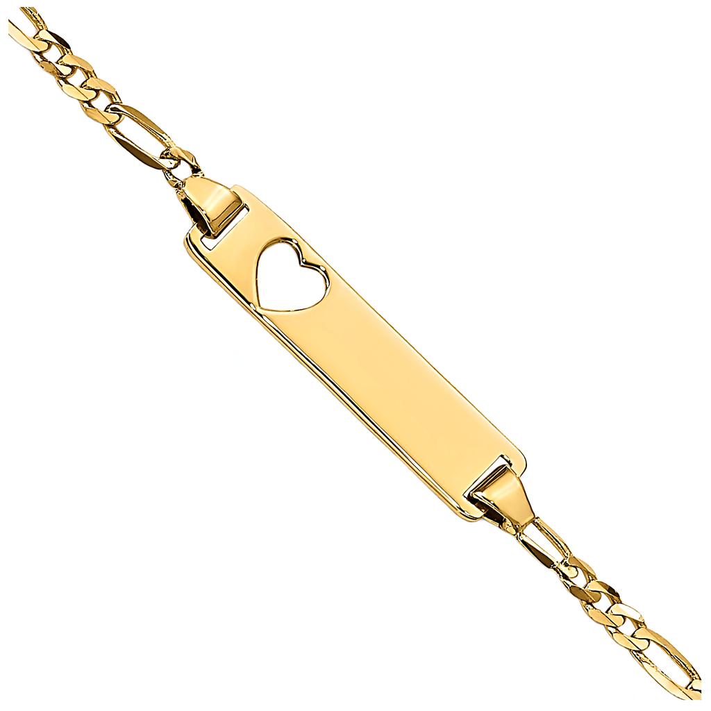 14K Yellow Gold Engravable Bar with Heart Baby Bracelet and Figaro Chain