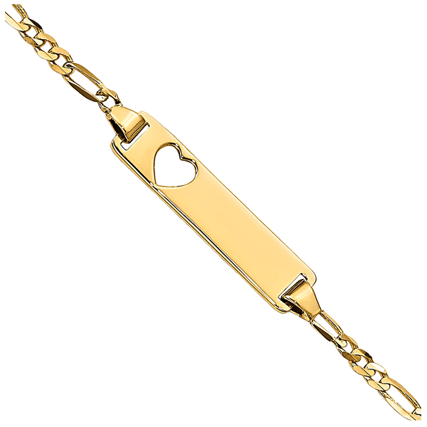 14K Yellow Gold Engravable Bar with Heart Baby Bracelet and Figaro Chain