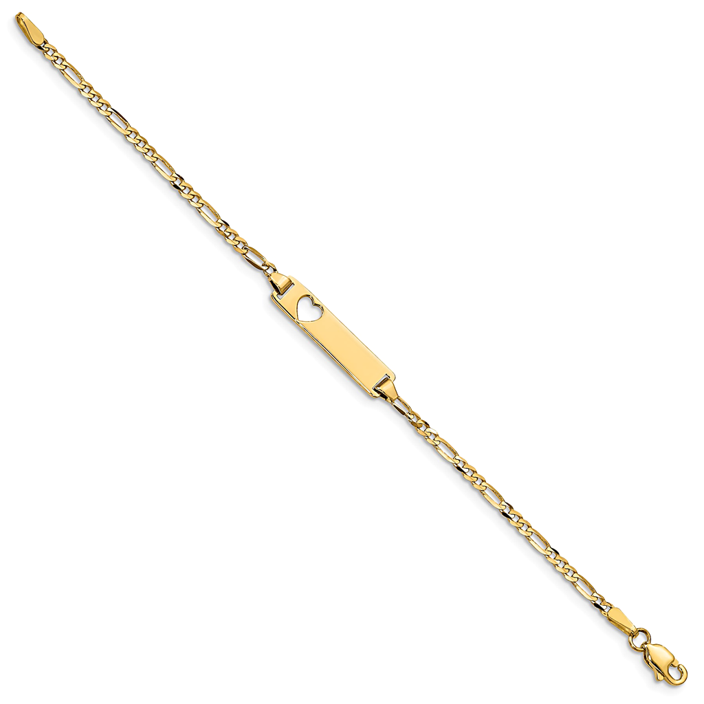 14K Yellow Gold Engravable Bar with Heart Baby Bracelet and Figaro Chain