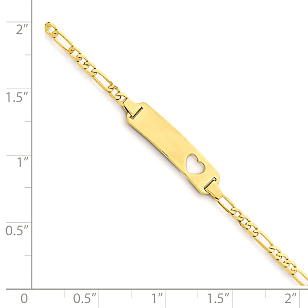 14K Yellow Gold Engravable Bar with Heart Baby Bracelet and Figaro Chain