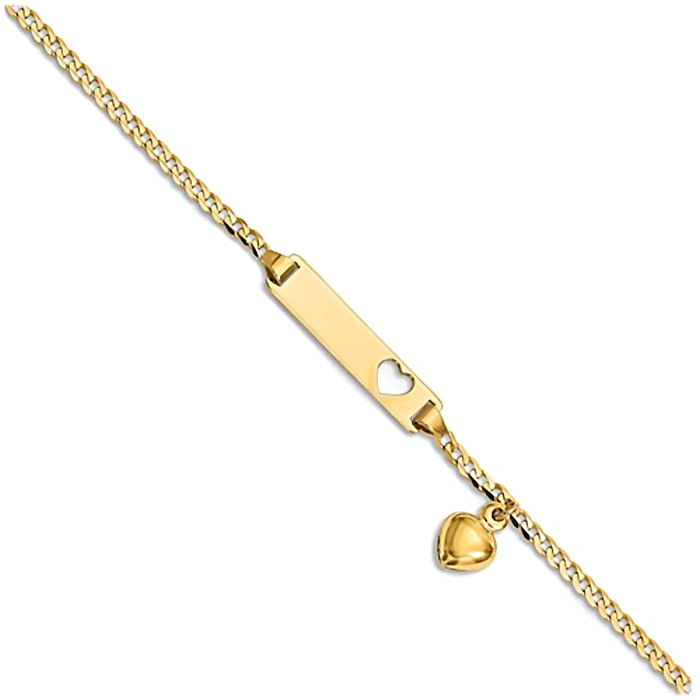 14K Yellow Gold Engravable Heart Cutout and Charm ID Bracelet with Curb Chain