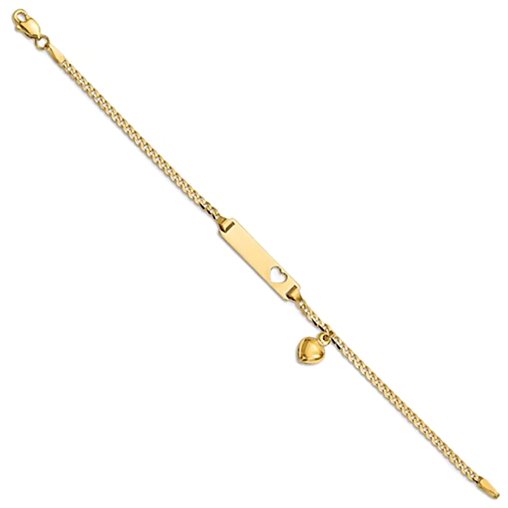 14K Yellow Gold Engravable Heart Cutout and Charm ID Bracelet with Curb Chain