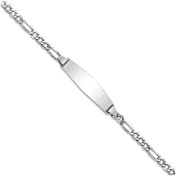 14K White Gold Semi-Solid Engravable ID Bracelet with 2.5mm Figaro Chain