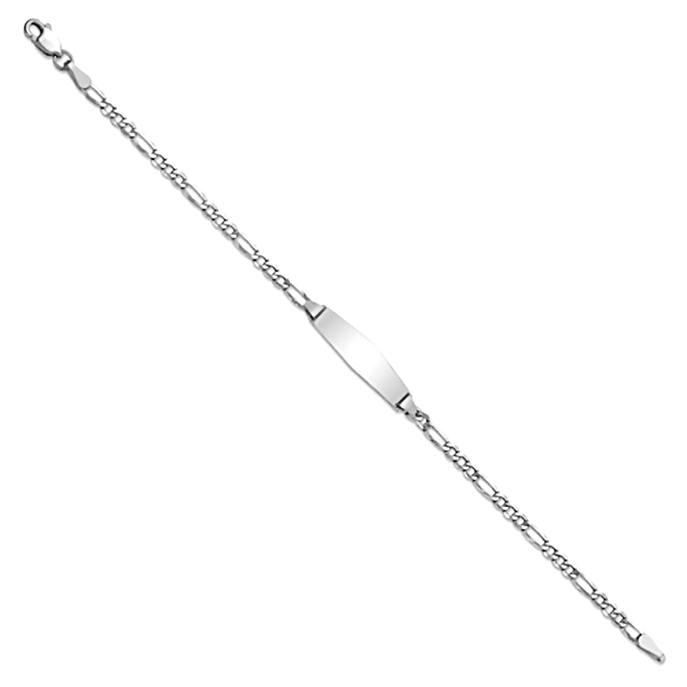 14K White Gold Semi-Solid Engravable ID Bracelet with 2.5mm Figaro Chain