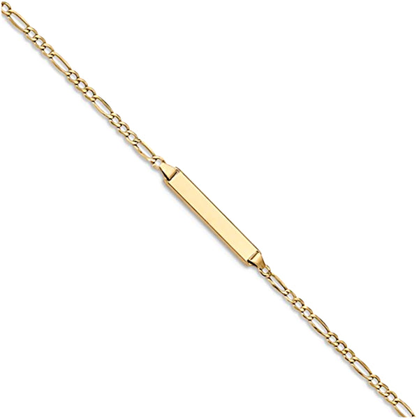 14K Yellow Gold Engravable Bar and 2.5mm Semi-Solid Figaro Chain Bracelet