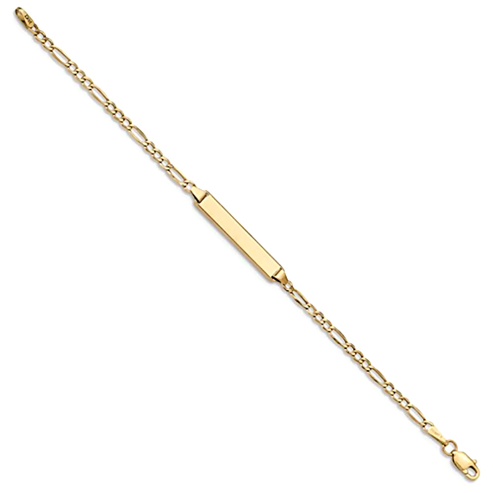 14K Yellow Gold Engravable Bar and 2.5mm Semi-Solid Figaro Chain Bracelet