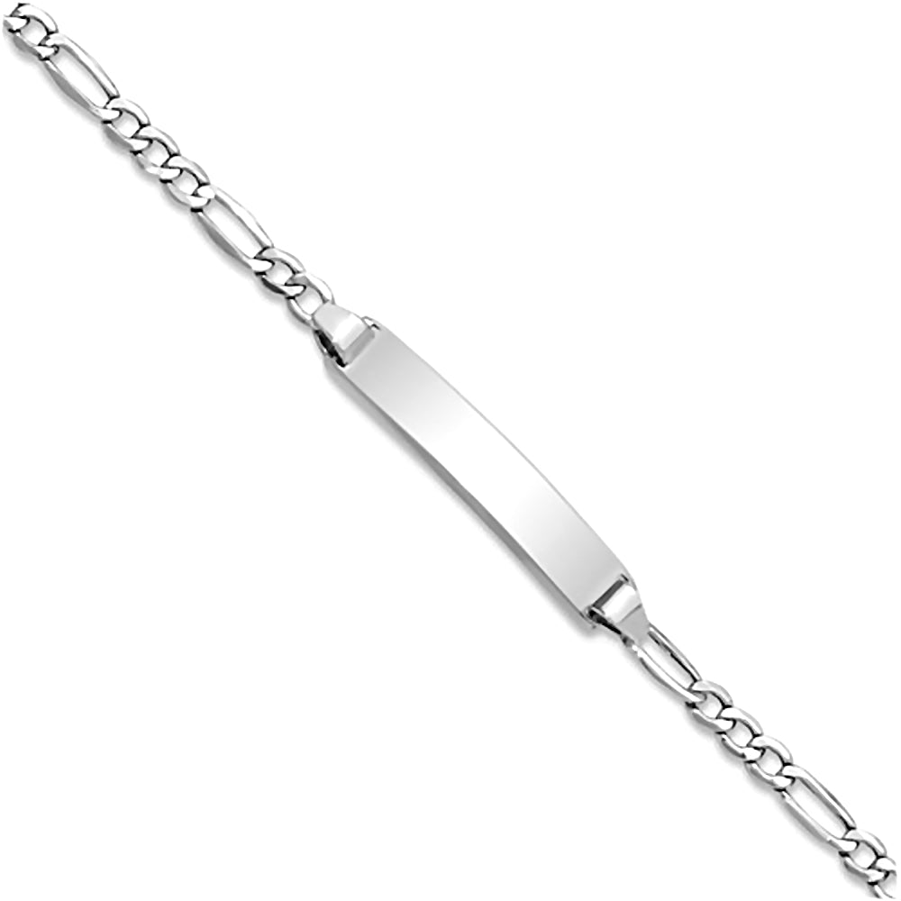 14K White Gold Engravable Bar and 2.5mm Semi-Solid Figaro Chain Bracelet