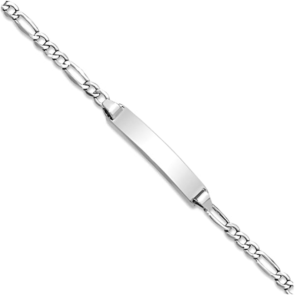 14K White Gold Engravable Bar and 2.5mm Semi-Solid Figaro Chain Bracelet
