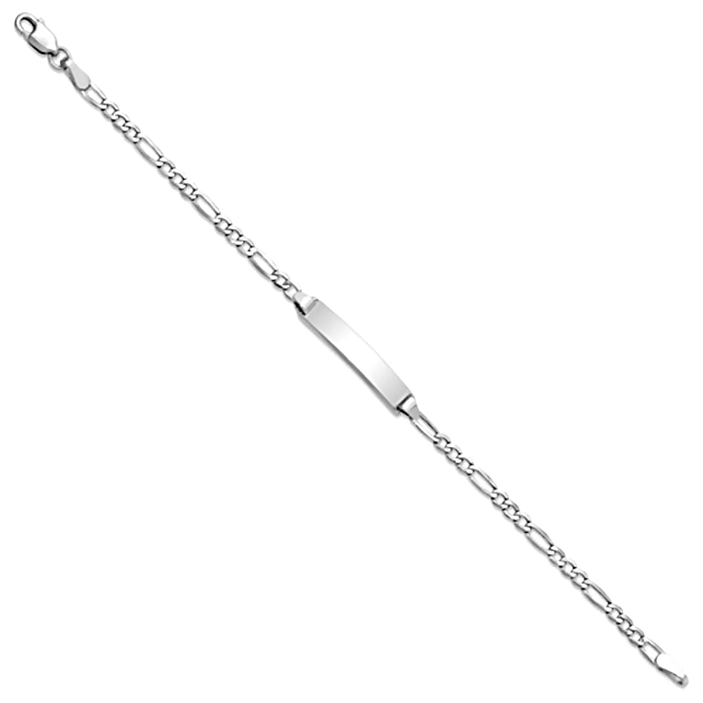 14K White Gold Engravable Bar and 2.5mm Semi-Solid Figaro Chain Bracelet