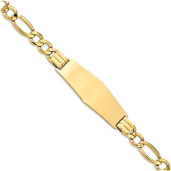 14K Yellow Gold Engravable ID Bracelet with 7mm Semi-Solid Figaro Chain