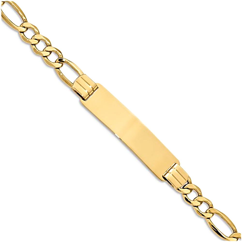 14K Yellow Gold Engravable ID Bracelet with 7mm Semi-Solid Figaro Chain