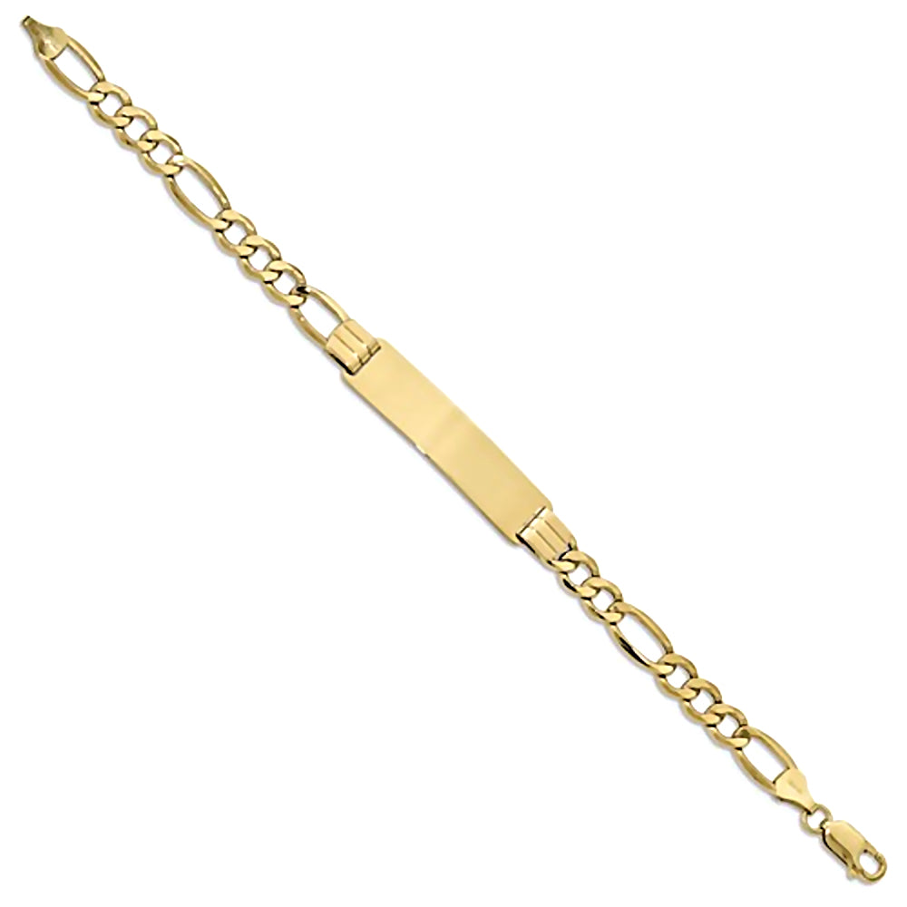 14K Yellow Gold Engravable ID Bracelet with 7mm Semi-Solid Figaro Chain