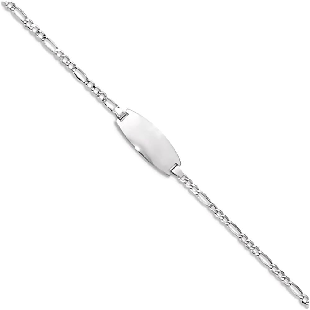 14K White Gold Engravable Oval ID Bracelet with 2.5mm Figaro Chain