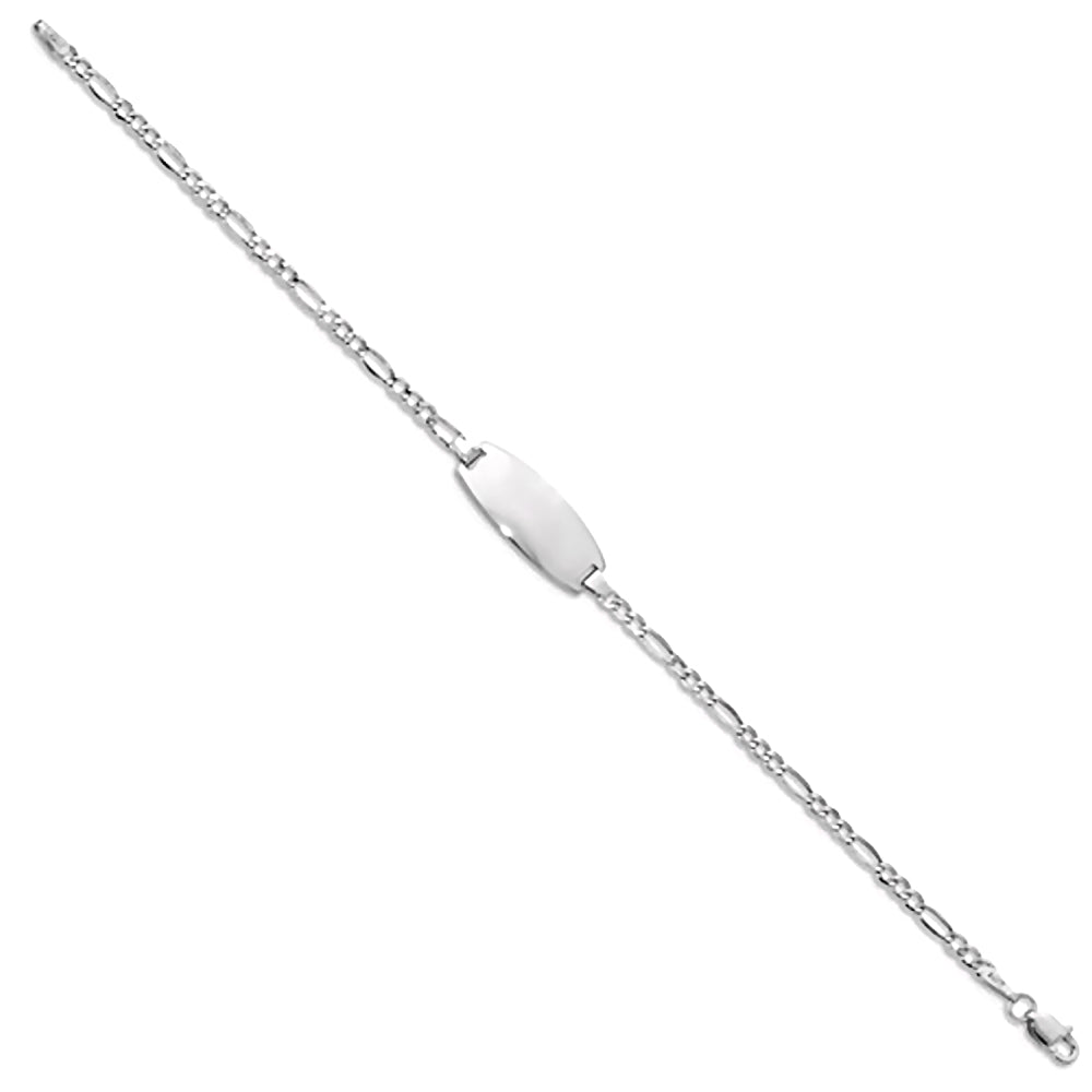 14K White Gold Engravable Oval ID Bracelet with 2.5mm Figaro Chain