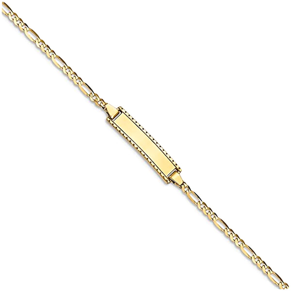 14K Yellow Gold Engravable Bar ID Bracelet with Figaro Chain