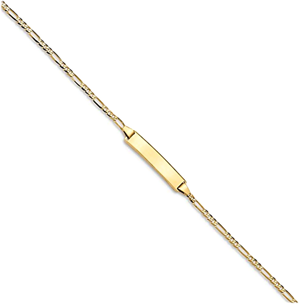 14K Yellow Gold Engravable Bar ID Bracelet with 2mm Flat Figaro Chain
