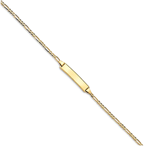 14K Yellow Gold Engravable Bar ID Bracelet with 2mm Flat Figaro Chain