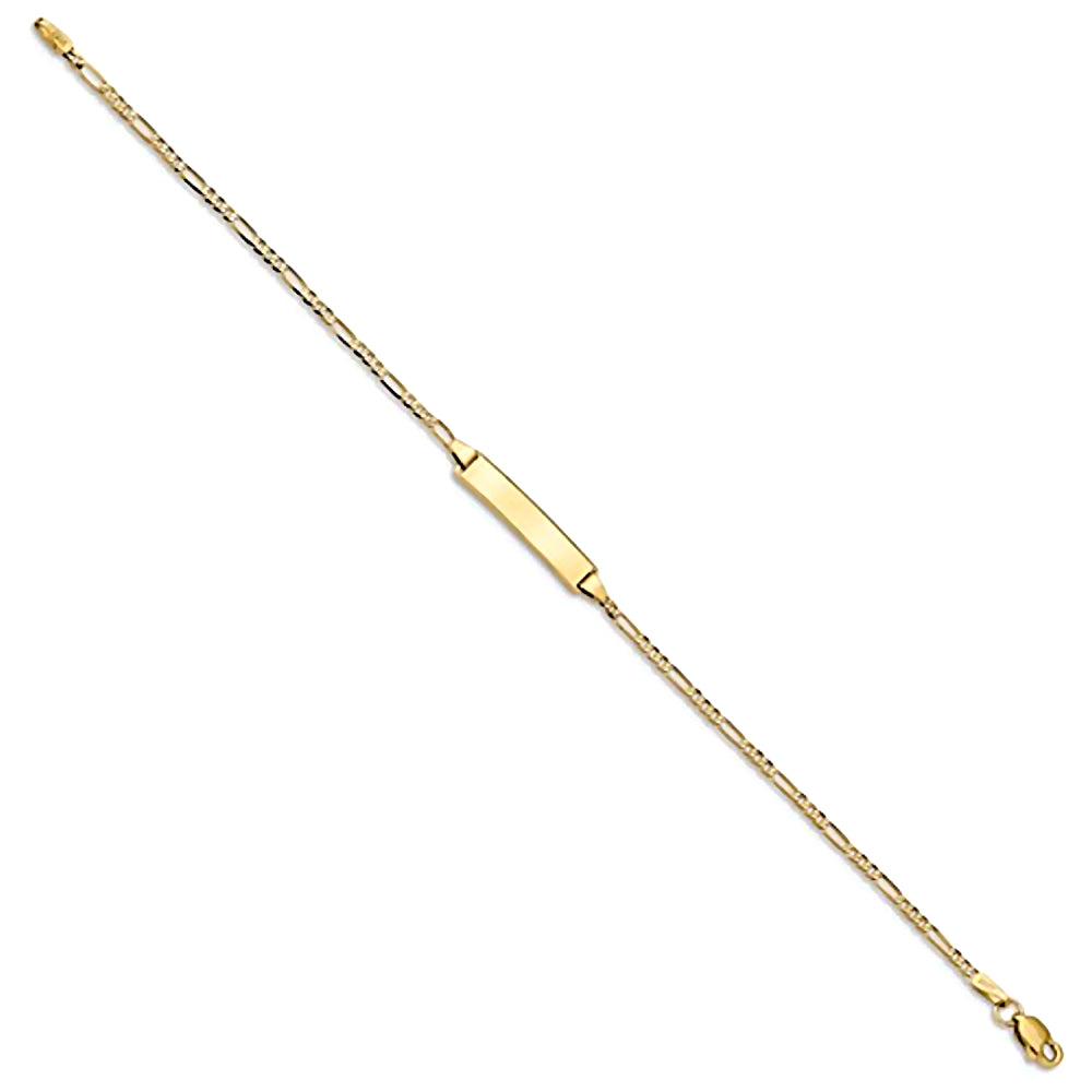 14K Yellow Gold Engravable Bar ID Bracelet with 2mm Flat Figaro Chain