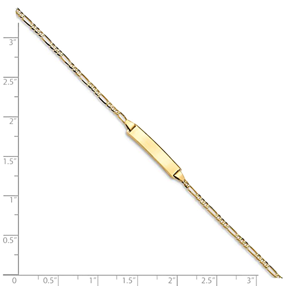 14K Yellow Gold Engravable Bar ID Bracelet with 2mm Flat Figaro Chain