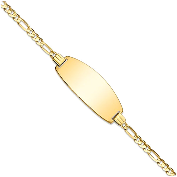 14K Yellow Gold Engravable Oval Bar ID Bracelet with 3mm Figaro Chain