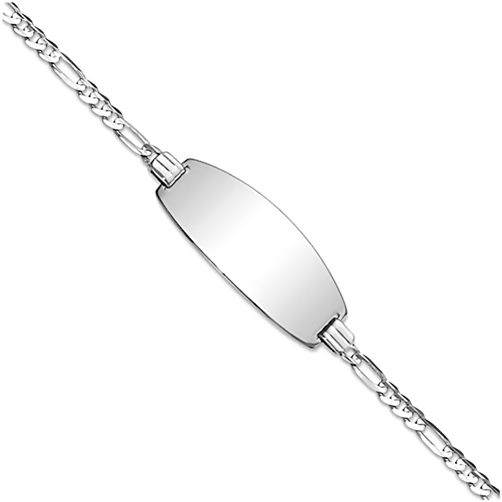 14K White Gold Engravable Oval Bar ID Bracelet with 3mm Figaro Chain