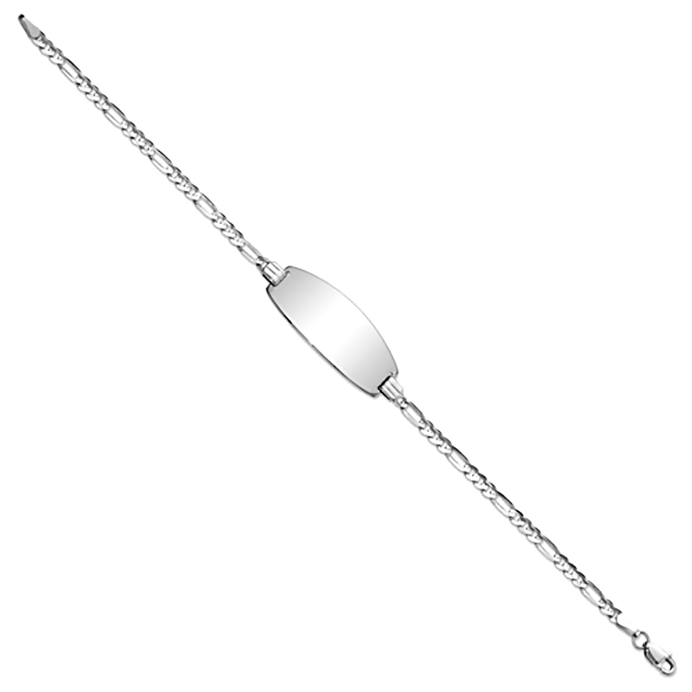 14K White Gold Engravable Oval Bar ID Bracelet with 3mm Figaro Chain